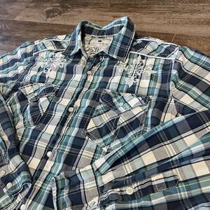 Pop Icon Buckle Shirt Mens Medium Blue Plaid Pearl Snap Embroidered Long Sleeve